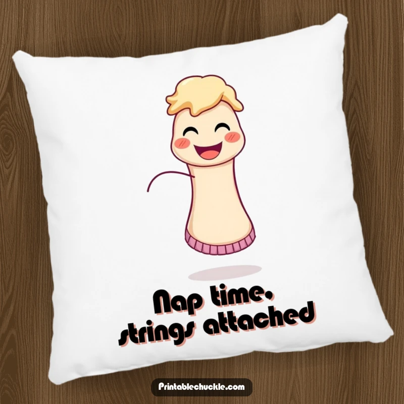 Funny pillow featuring a delighted sock puppet whose string is playfully running wild, perfect for cozying up.