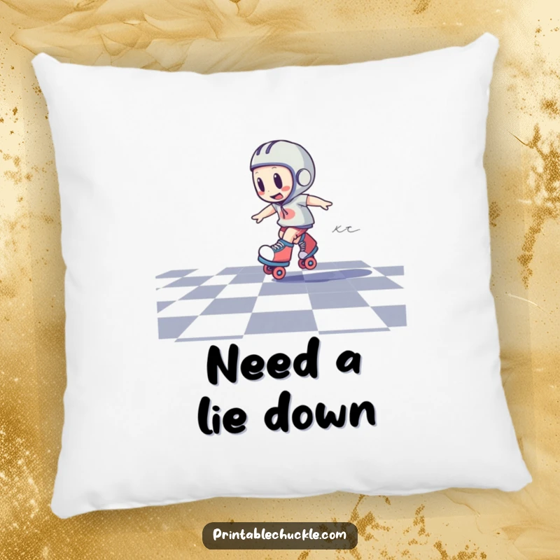Funny decorative pillow showcasing a roller skate character in a dizzy spin on a checkered floor, a humorous motion accent.