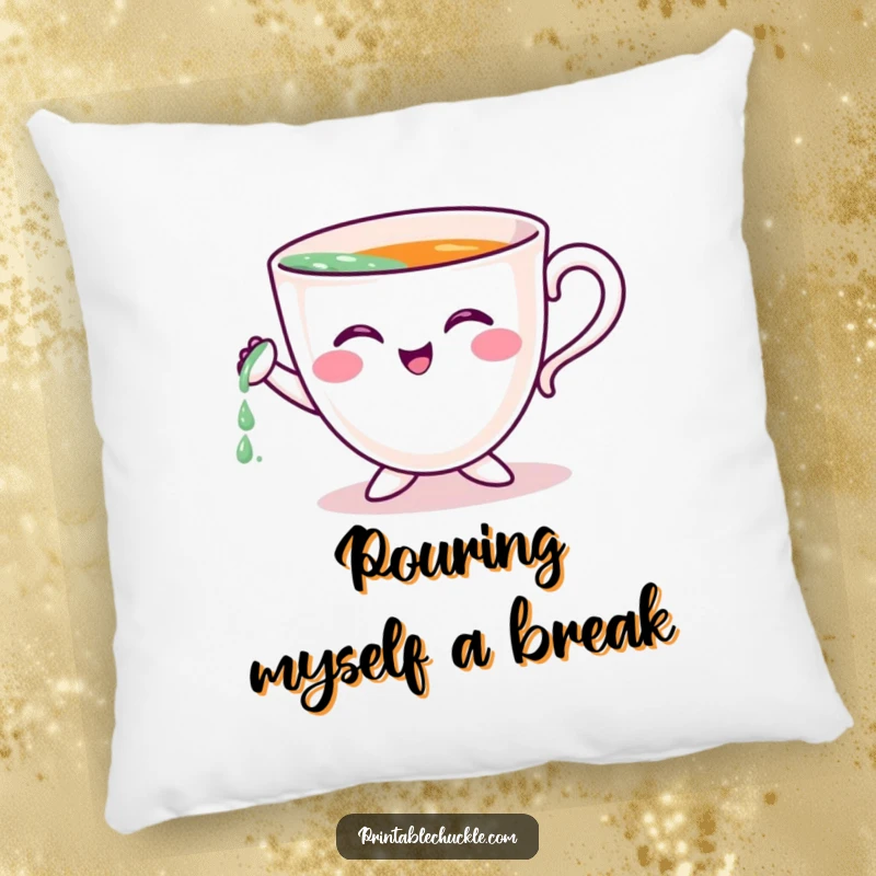 Funny pillow with a delightful teacup character humorously trying to pour itself, offering plush comfort and laughs.