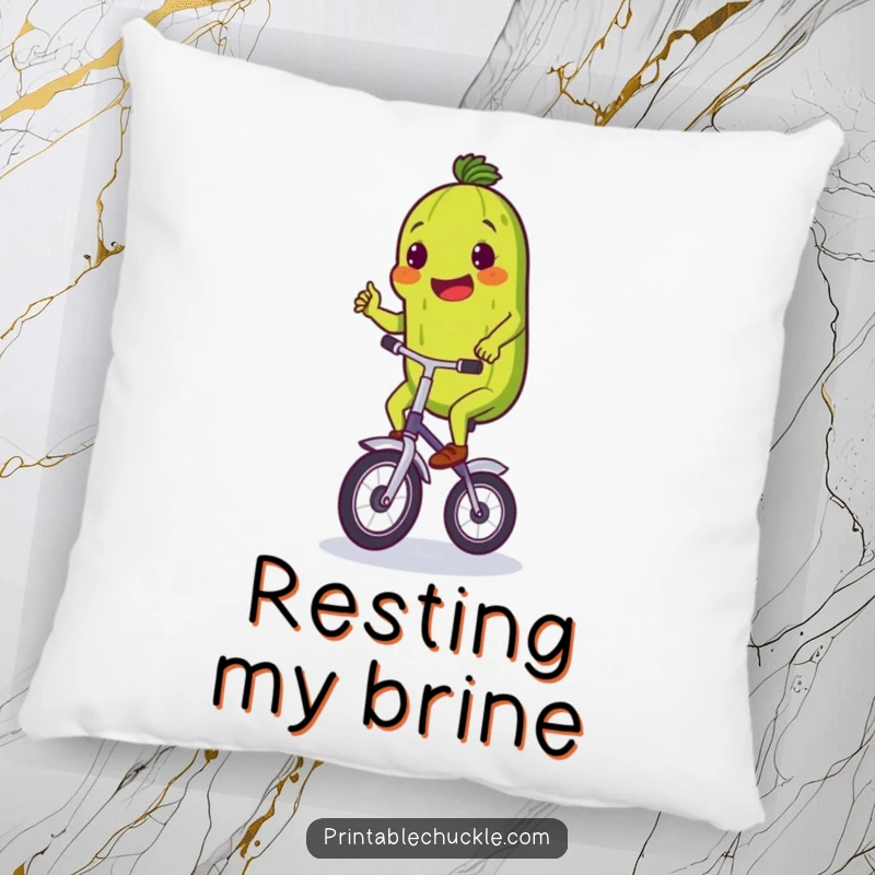 Funny pillow featuring a determined pickle wobbling on a tiny unicycle, offering comfort and a comical decorative element.
