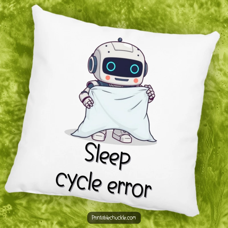 Funny pillow with a clumsy robot hilariously attempting to fold a fitted sheet, offering comfort and humor.