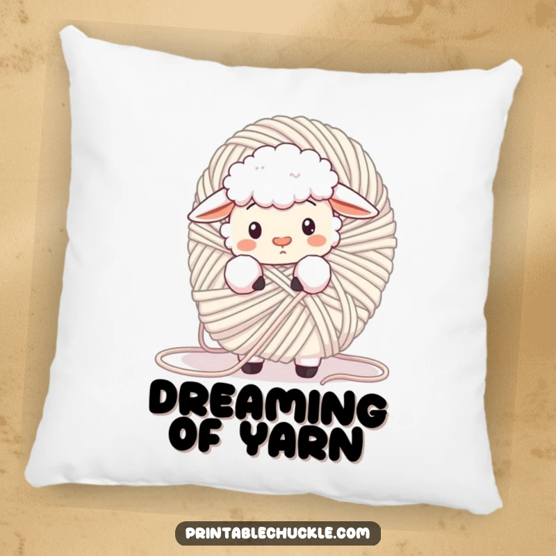 Funny fluffy sheep tangled in a giant ball of yarn, looking confused on a plush pillow, a soft and humorous decor item.