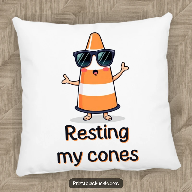 Funny pillow featuring a bewildered traffic cone in sunglasses trying to salsa, offering comfort and oddity.