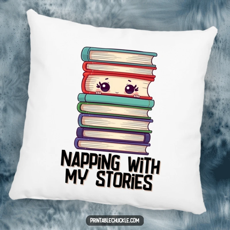Funny pillow featuring a shy book with wide eyes peeking over a stack, offering comfort and quiet charm.