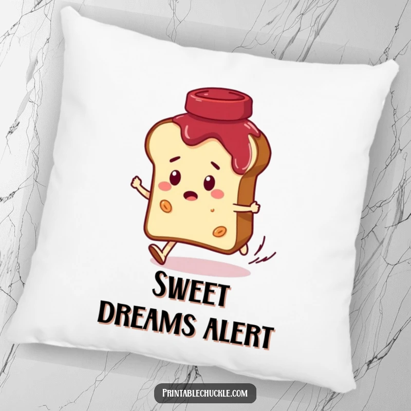Funny pillow featuring a convinced bread slice character hilariously being chased by a giggling jar of jam, perfect for cozy, food-themed humor.