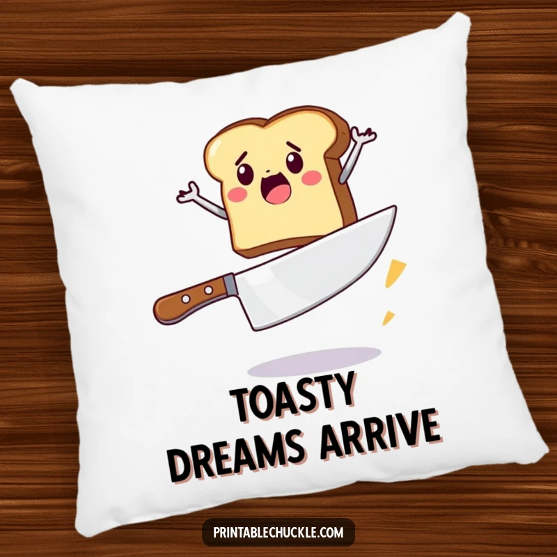 Funny pillow with a determined piece of toast jumping over a giant butter knife, adding humorous comfort to any room.