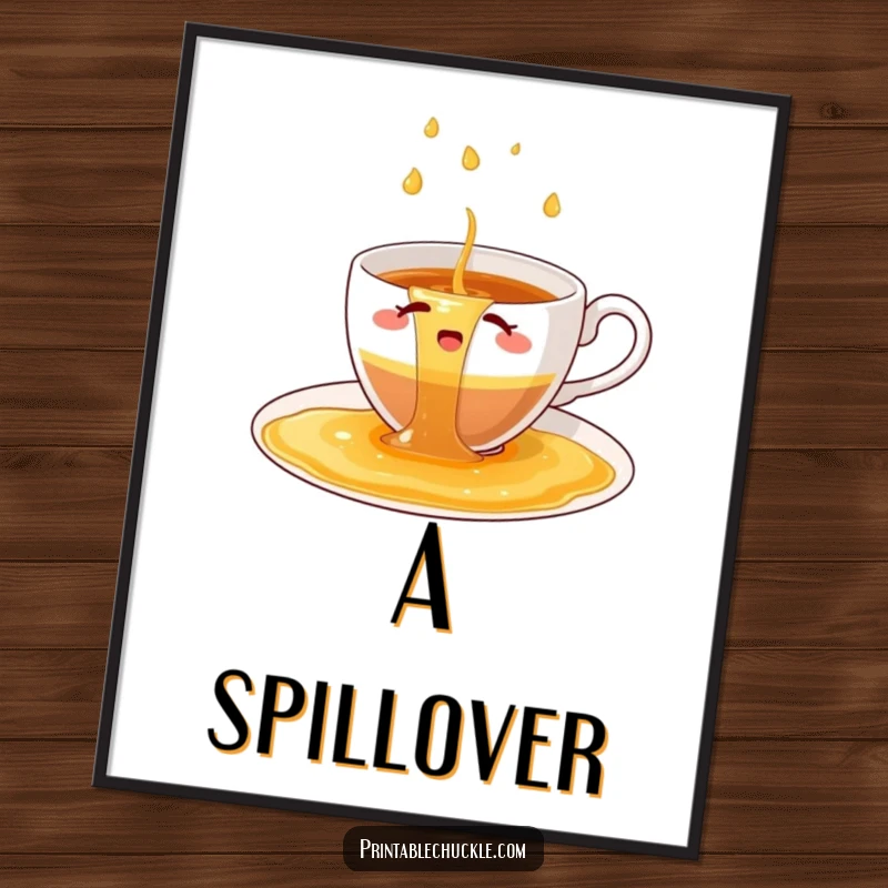 Funny digital art of a bewildered teacup trying to hold a waterfall of spilled tea.