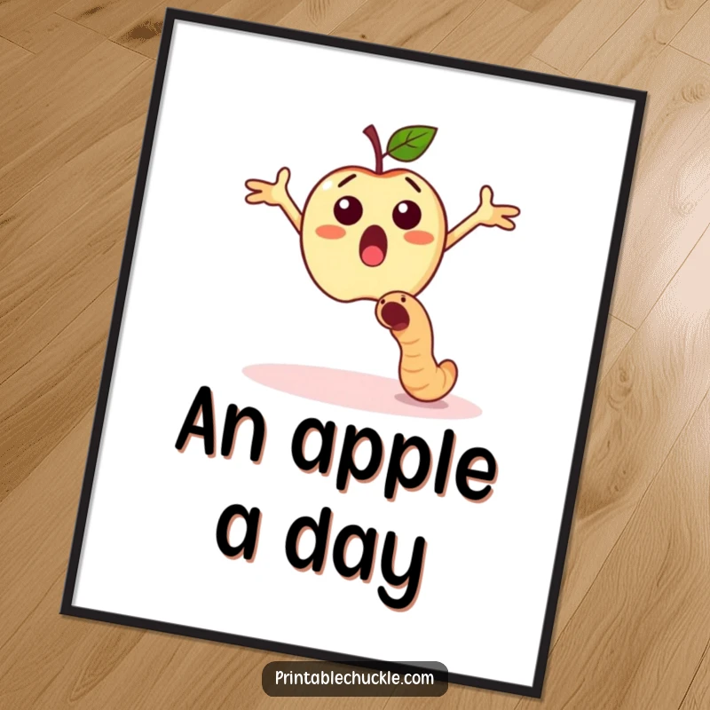 Funny surprised apple dodging a falling worm, humorous digital art for instant download.