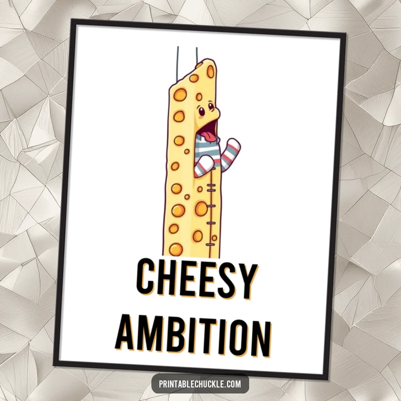 Funny sock puppet digital art print of a determined puppet climbing a skyscraper made of cheese.