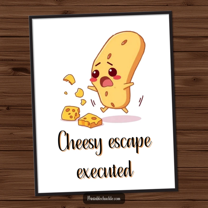 Funny digital art print of a startled baguette comically dodging falling cheese, ideal for humorous food-themed decor.