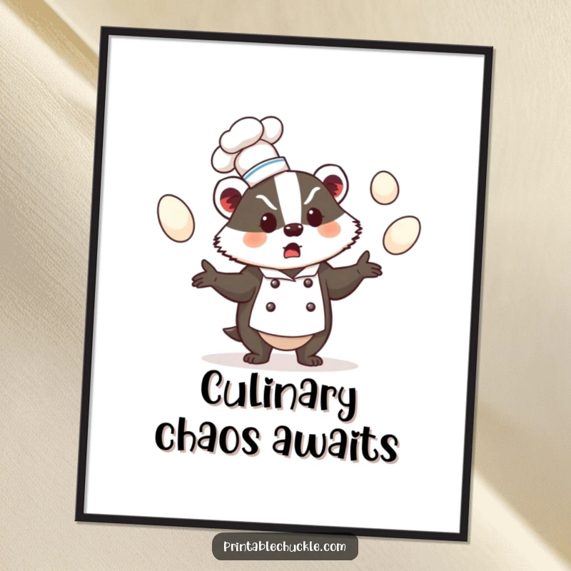 Funny digital art print of a badger chef juggling eggs with a bewildered expression, high-quality funny gift.