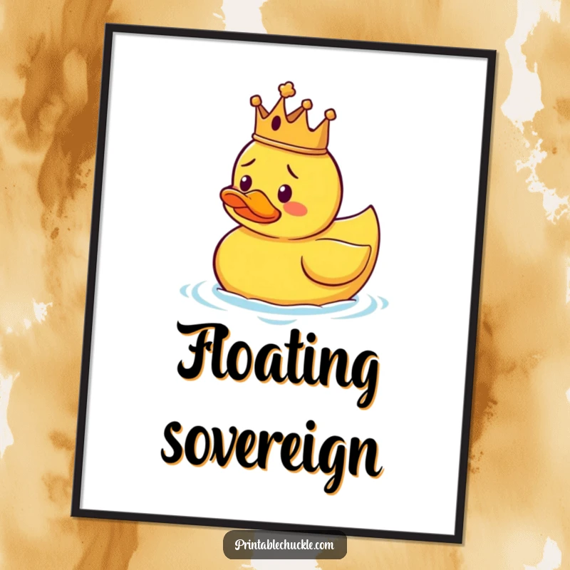 Funny digital art print of a confused rubber duck wearing a crown, floating erratically, ready to add regal humor instantly.