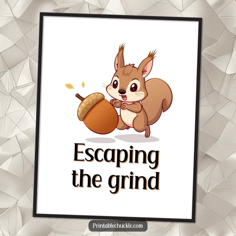 Funny startled acorn fleeing a determined squirrel, as digital art for instant download, capturing a funny chase, a funny gift.