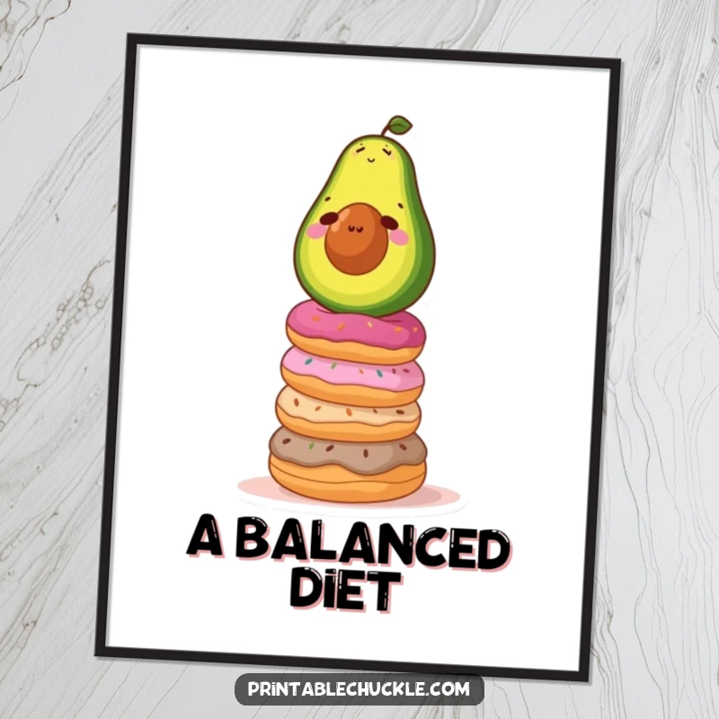 Funny digital art print of a determined avocado balancing on a wobbly stack of donuts, a humorous and vibrant illustration.