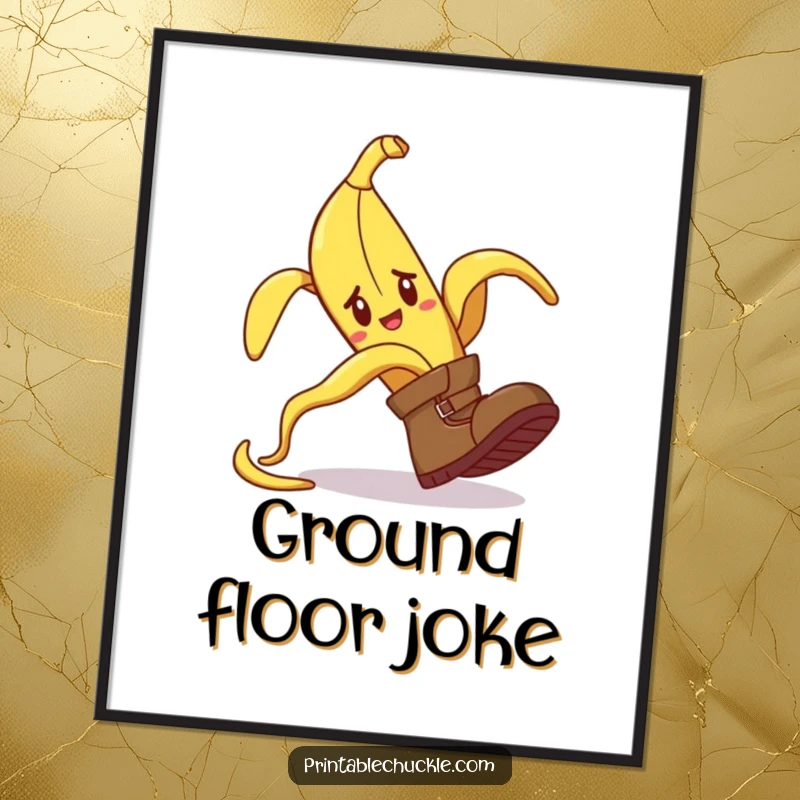 Funny digital art print of a banana peel comically tripping a confused boot, instantly adding humor to decor.