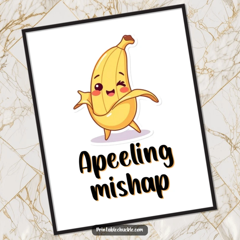 Funny digital art print of a smiling banana character comically tripping over its own peel, conveying cheerful clumsiness.