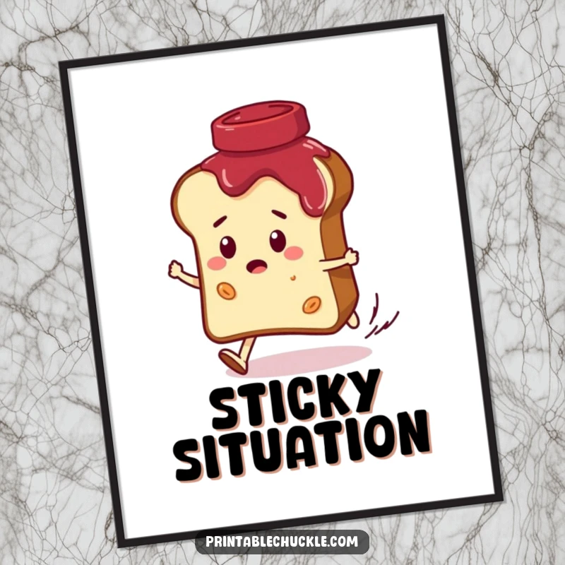 Funny digital art print of a convinced bread slice character being chased by a giggling jar of jam, perfect for humorous breakfast-themed wall decor.