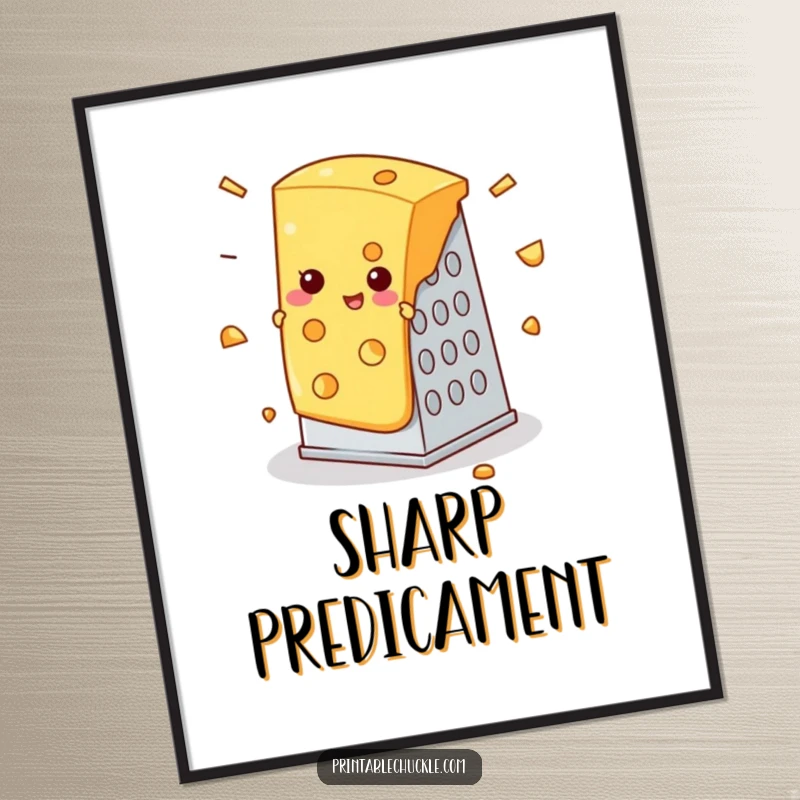 Funny digital art print of a slice of cheese comically stuck in a cheese grater, high-quality funny gift.