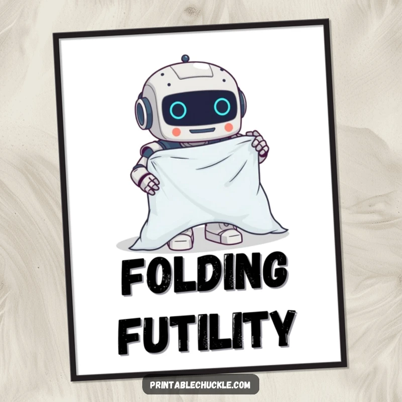 Funny digital art print of a clumsy robot hilariously attempting to fold a fitted sheet, perfect for decor.