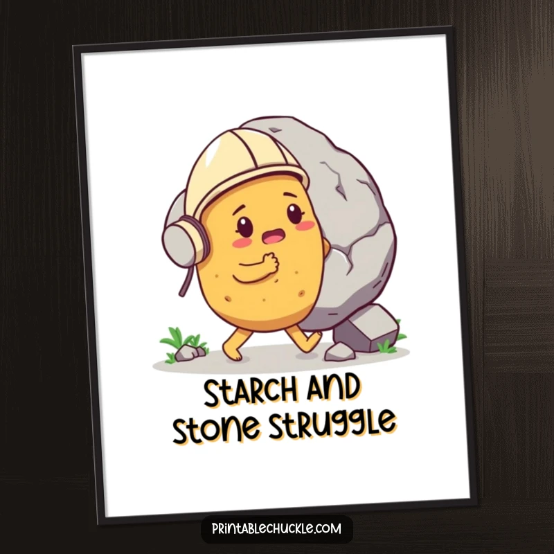 Funny determined potato wearing a tiny helmet, pushing a gigantic boulder, as a digital art print, adding instant humor, a funny gift.