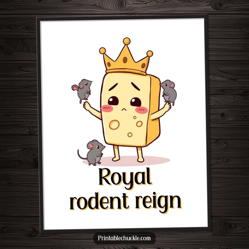 Funny digital art print of a confused cheese slice wearing a crown, juggling mice, ready to be framed.