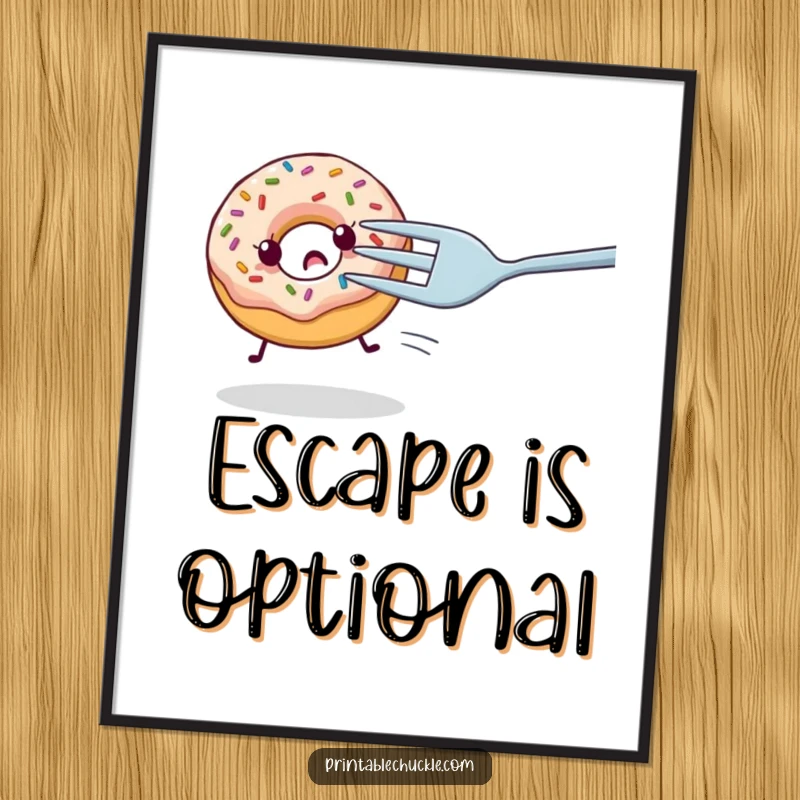 Funny digital art print of a nervous donut with sprinkles being chased by a giant fork, a humorous and instant decor gift.