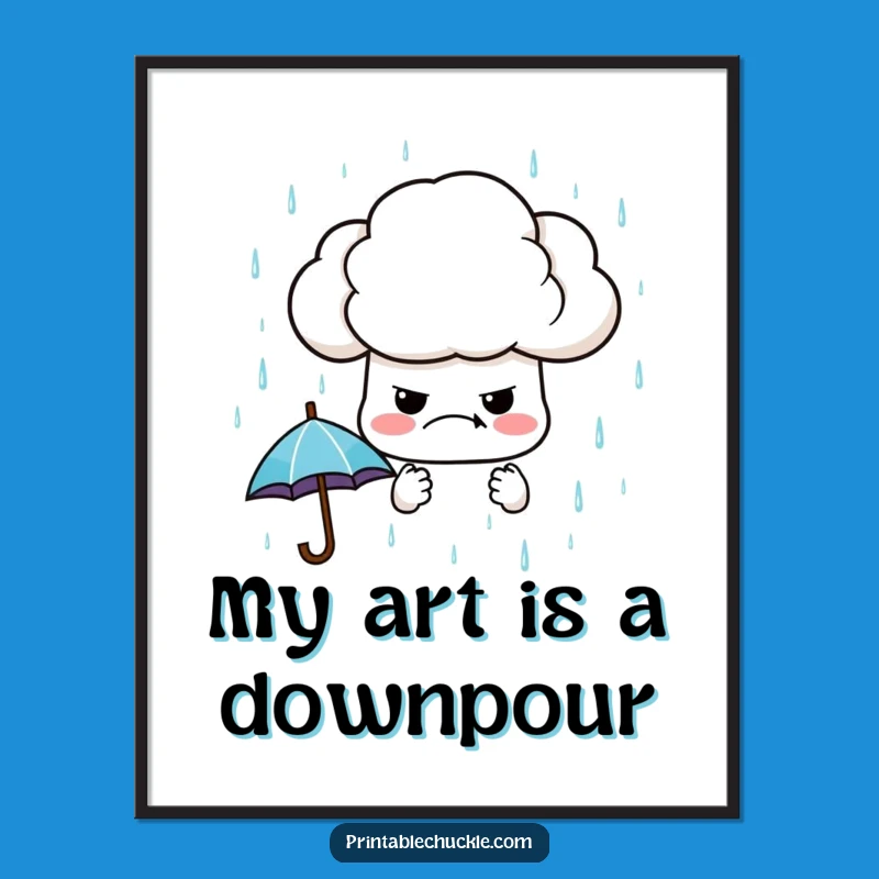 Funny Grumpy Cloud Digital Art: Whimsical Raining Umbrellas Print, Perfect Gift