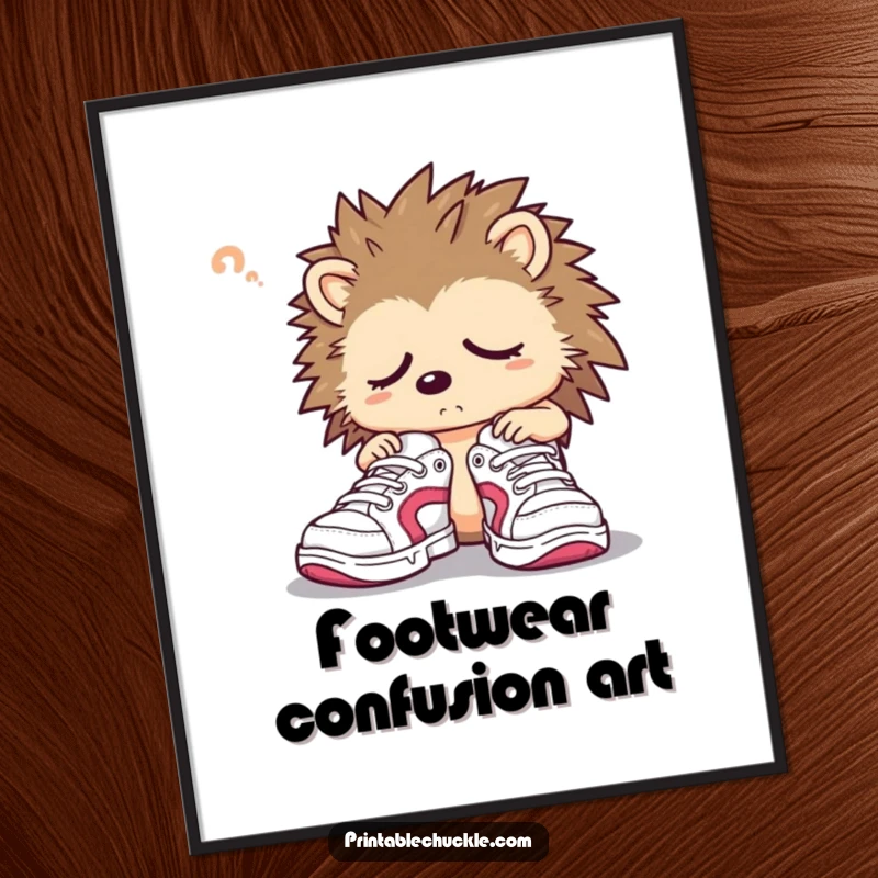 Funny hedgehog digital art print of a sleepy character confusedly trying on oversized sneakers, downloadable art.