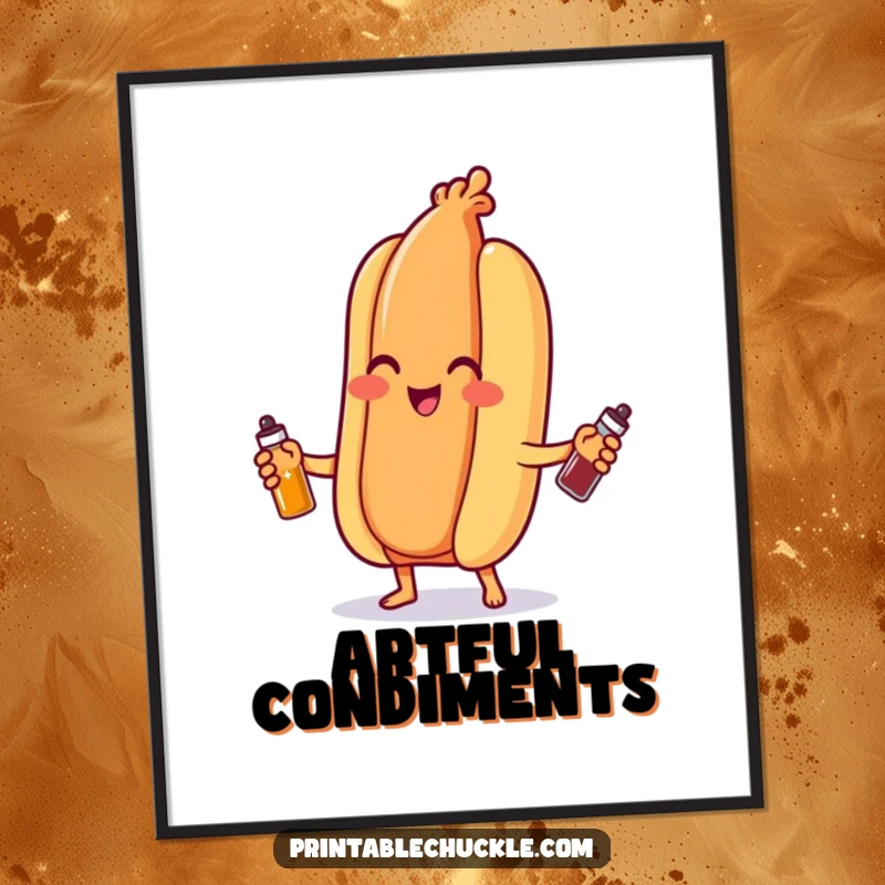 Funny hot dog digital art print, a smiling wiener enthusiastically juggling small condiment bottles, high-resolution humorous artwork.