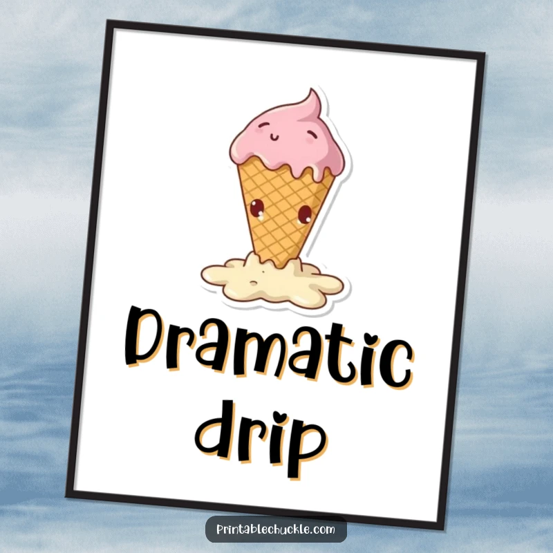Funny digital art print of a melting ice cream cone in a dramatic, hilarious fall, perfect for decor.