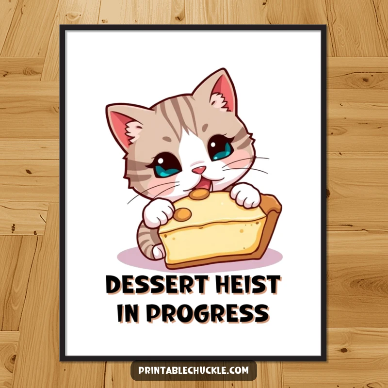Funny digital art print of a mischievous cat attempting to steal a slice of pie, high-quality funny gift.