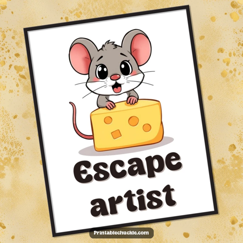 Funny digital art of a startled piece of cheese attempting to escape from a hungry cartoon mouse.
