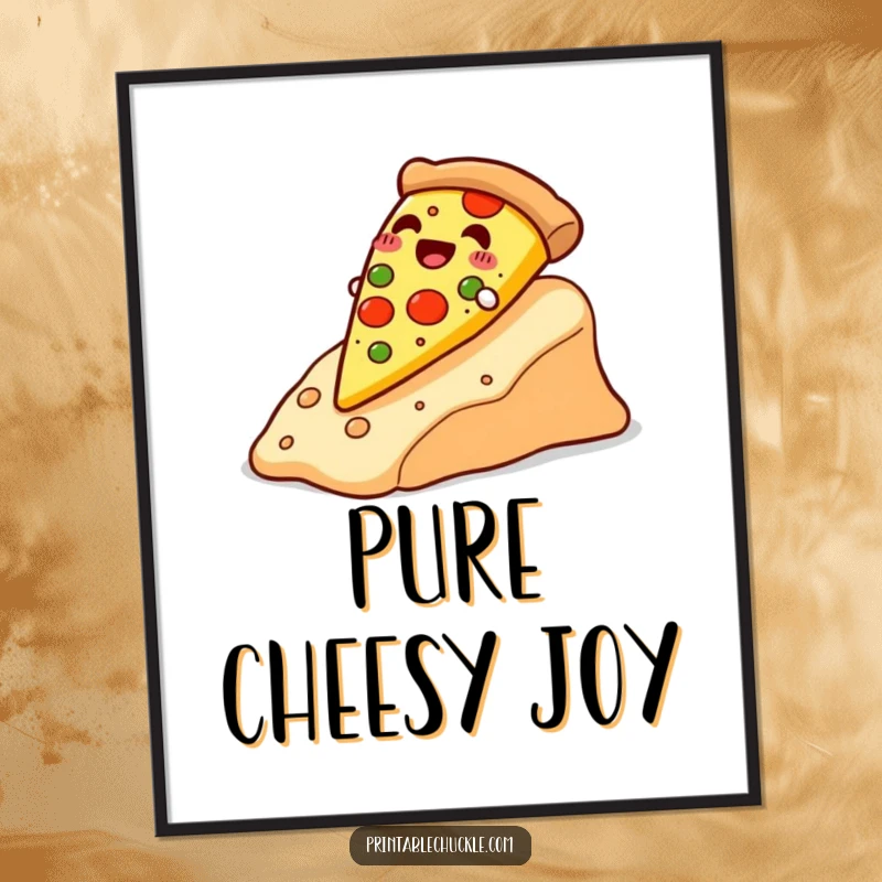 Funny happy pizza slice sliding down a cheese slope, as digital art for instant download, capturing cheesy fun, a funny gift.