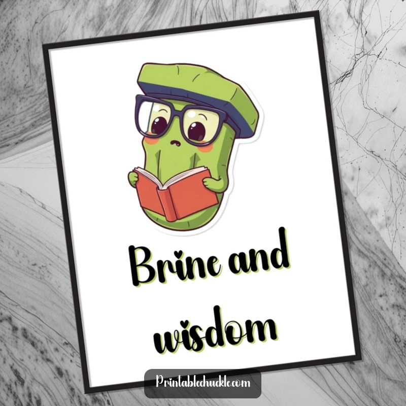 Funny Digital Art Print of a proud pickle wearing oversized spectacles and reading a book upside down, perfect for witty decor.