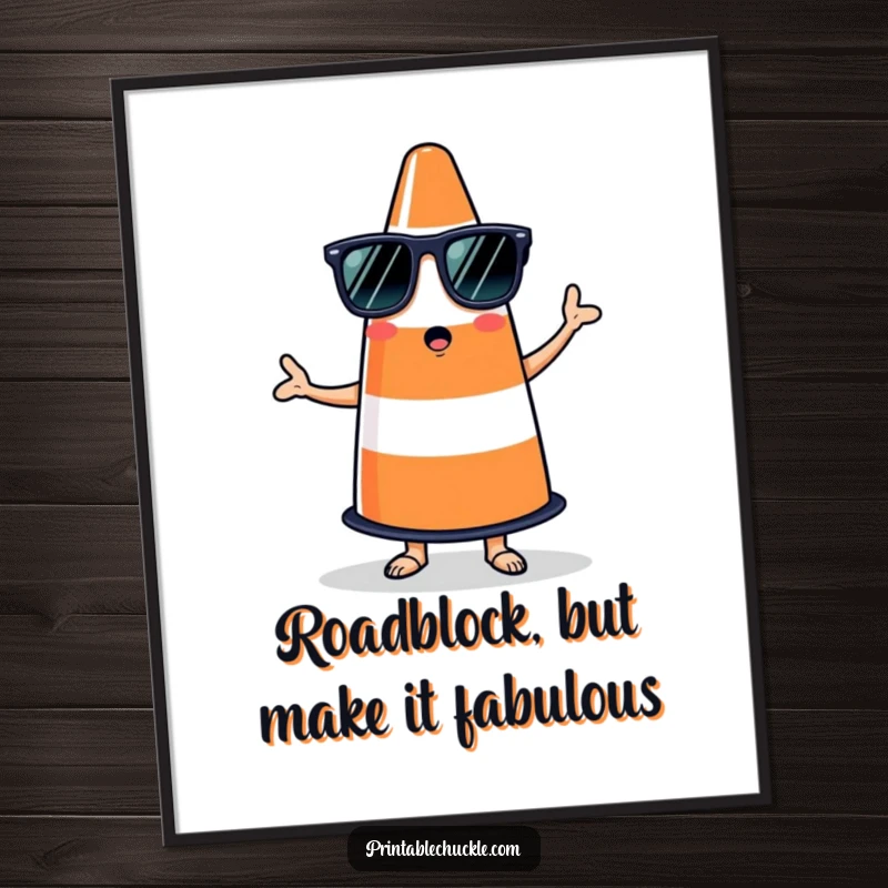 Funny digital art print of a bewildered traffic cone in sunglasses attempting salsa, ideal for quirky wall decor.