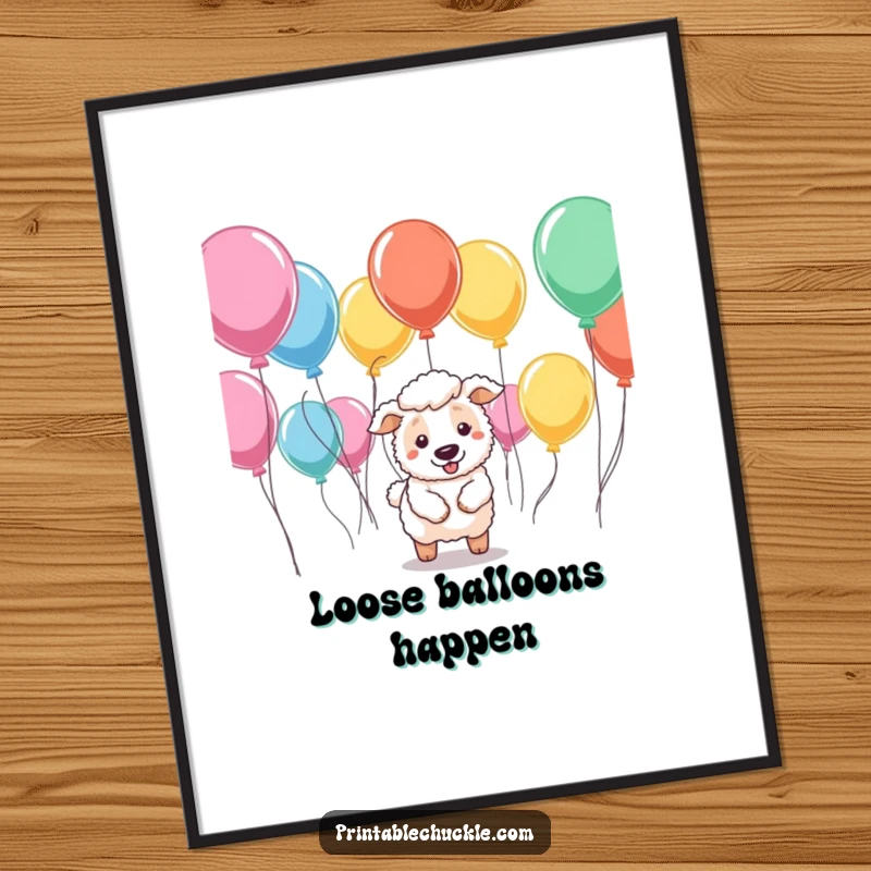 Funny digital art print of a sheepdog trying to herd balloons, ready to add chaotic humor instantly.