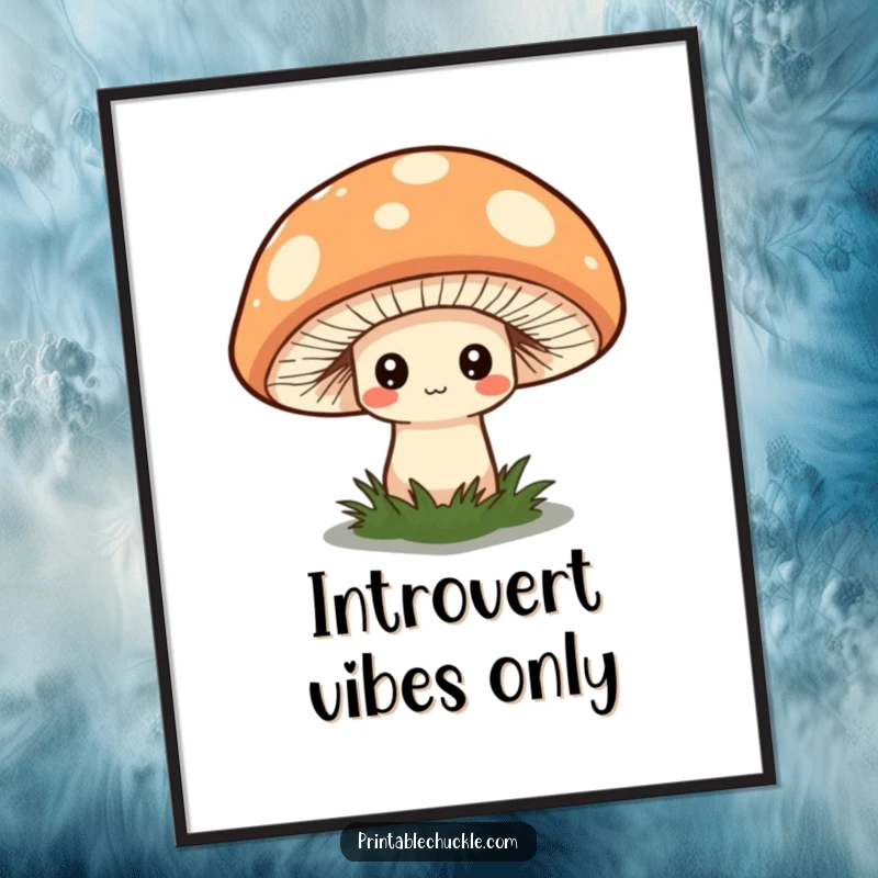 Funny digital art print of a shy mushroom hiding under a quirky hat, perfect for instant whimsical decor.