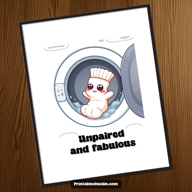 Funny digital art print: a flustered sock with googly eyes tumbling from a washing machine, for humor.