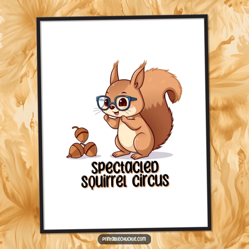Funny squirrel digital art print of a mischievous character with glasses juggling acorns with its tail, downloadable.