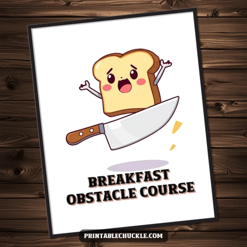 Funny digital art print of a piece of toast leaping over a giant butter knife, ready to add breakfast humor instantly.