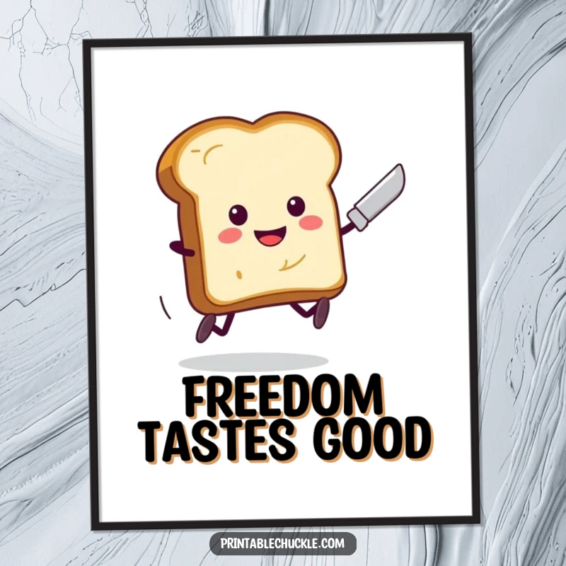 Funny Toast Running Butter Knife Digital Art Print: A piece of toast with legs hilariously flees from a butter knife, a fun digital piece.