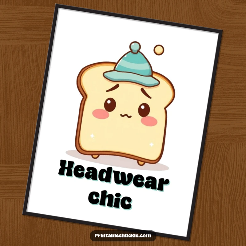 Funny Digital Art Print of a bewildered piece of toast wearing a tiny crooked hat, perfect for instant quirky decor.