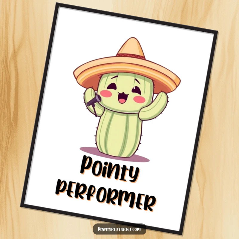 Funny digital art print of a cactus wearing a sombrero and singing, for instant humorous and musical decor.
