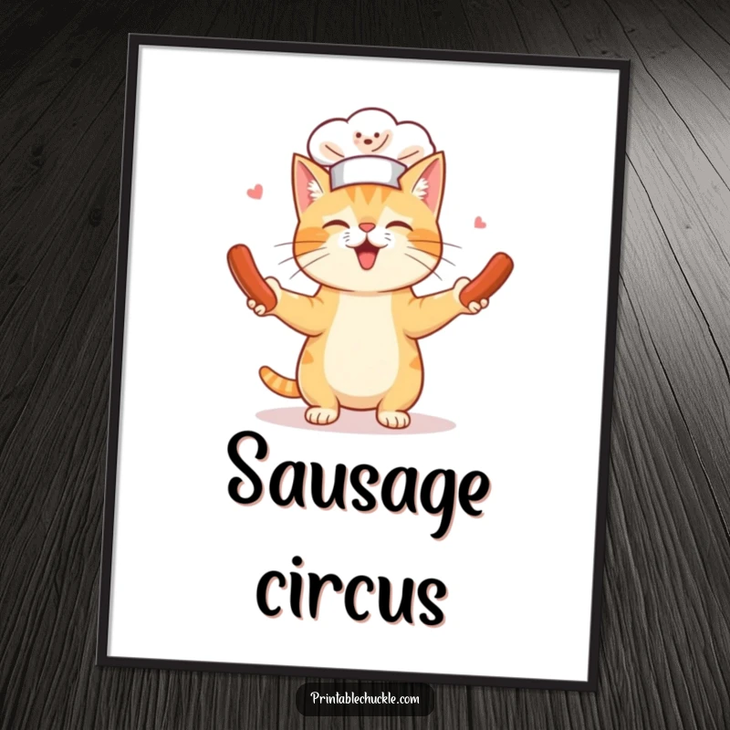 Funny digital art print of a cat wearing a tiny chef hat hilariously juggling spinning hot dogs, perfect for humorous culinary-themed wall decor.