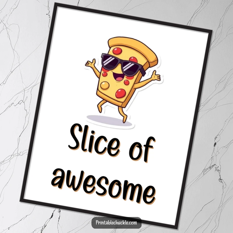 Funny digital art print of a pizza slice wearing sunglasses, breakdancing with energetic and joyful moves.