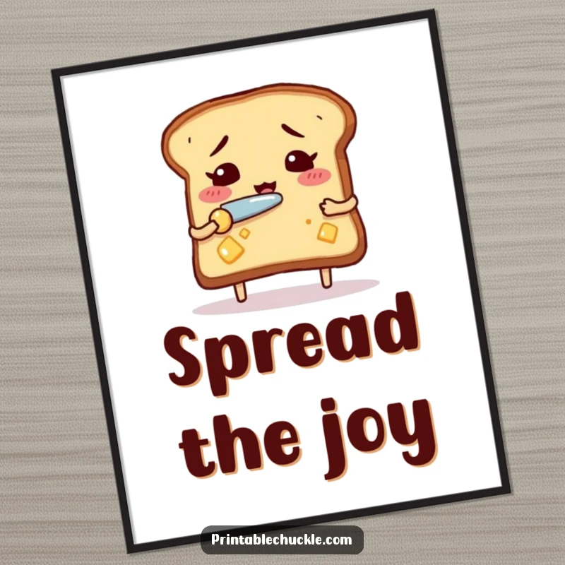 Funny nervous toast digital art print, showing a piece of toast nervously buttering itself with a tiny knife, downloadable humor.