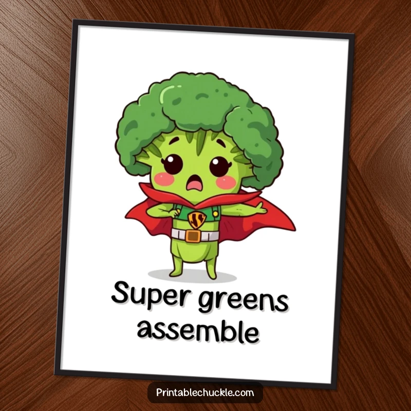 Funny digital art print of a surprised piece of broccoli wearing a superhero cape, a humorous and instant decor gift.
