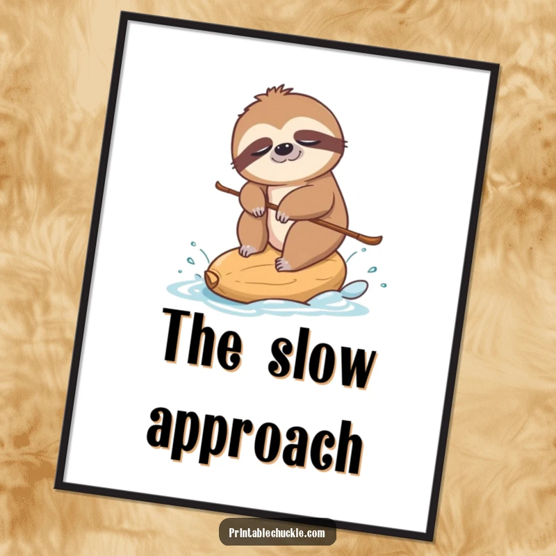 Funny digital art print of a sleepy sloth water-skiing on a single cashew nut, a humorous and charming illustration.