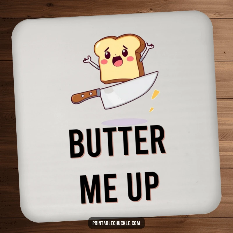 Funny drink coaster featuring a determined piece of toast jumping over a giant butter knife, protecting surfaces with humor.