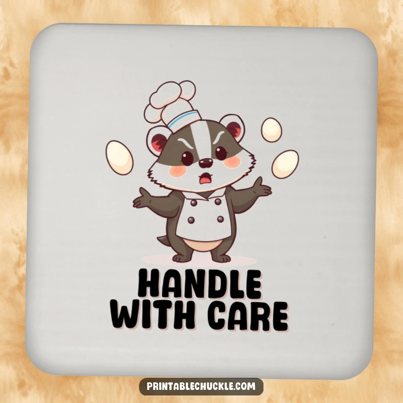 Funny coaster showing a bewildered badger chef juggling eggs, practical funny gift for any table.